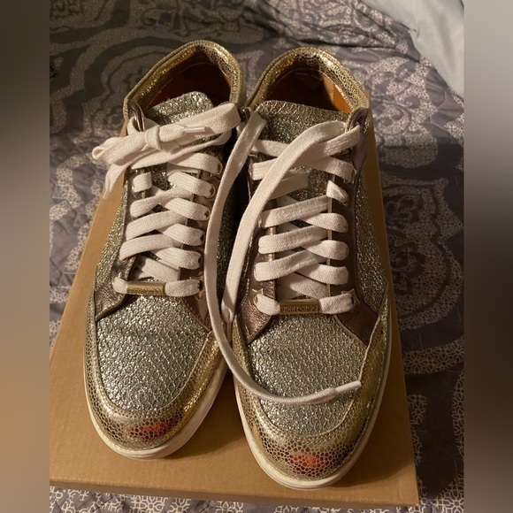 Jimmy Choo Tennis Shoe / Sneakers Gold Leather with star detail w box‎ 37.5